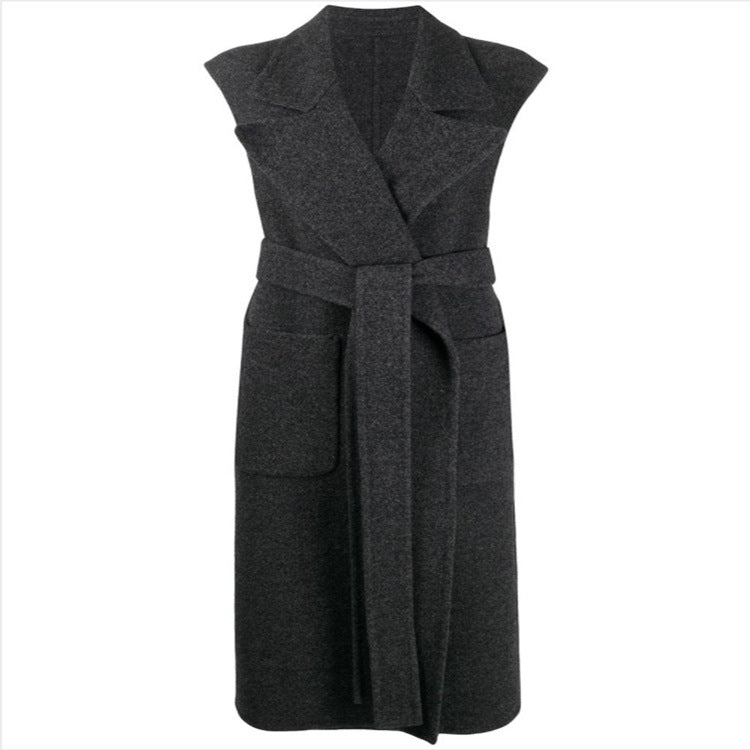 Damen Maxilanger ärmelloser Wollmix-Mantel mit weitem Schalkragen und Bindegürtel Nord Taschen