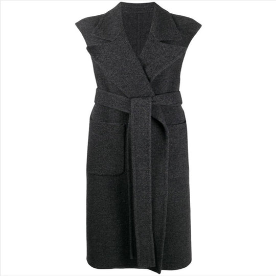 Damen Maxilanger ärmelloser Wollmix-Mantel mit weitem Schalkragen und Bindegürtel Nord Taschen