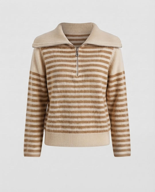 Damen Gestreifter Kurzpullover aus flauschigem Mohair‑Look mit halbem Reißverschluss und überlappendem Kragen Nord Taschen