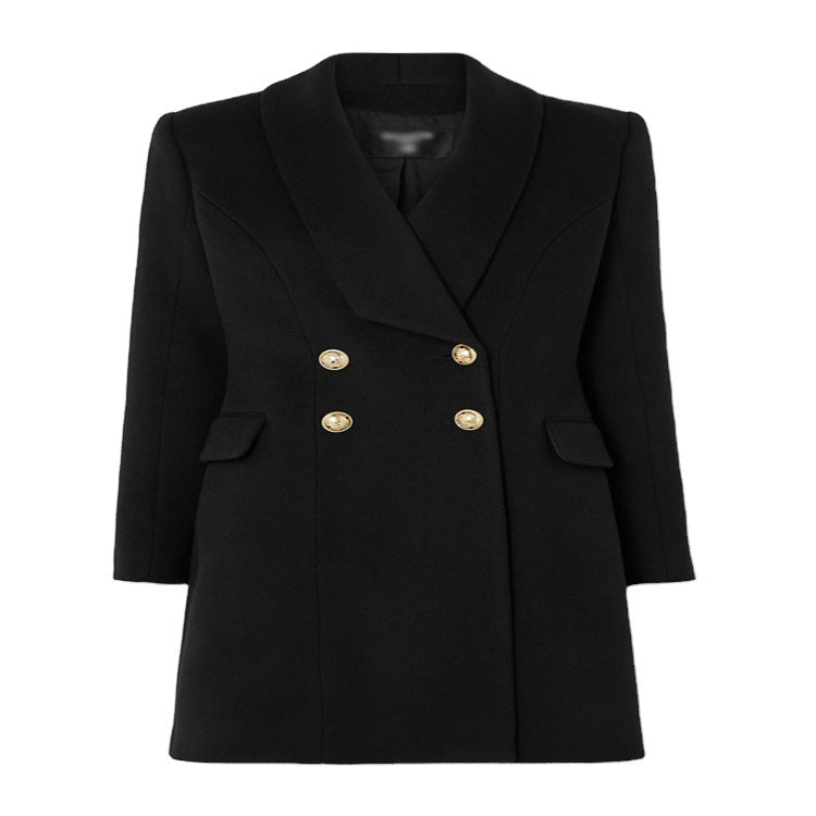 Damen Midilanger taillierter Wollmantel im Korsett‑Tailoring mit Schalkragen und goldverzierten Zierknöpfen Nord Taschen