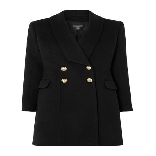 Damen Midilanger taillierter Wollmantel im Korsett‑Tailoring mit Schalkragen und goldverzierten Zierknöpfen Nord Taschen