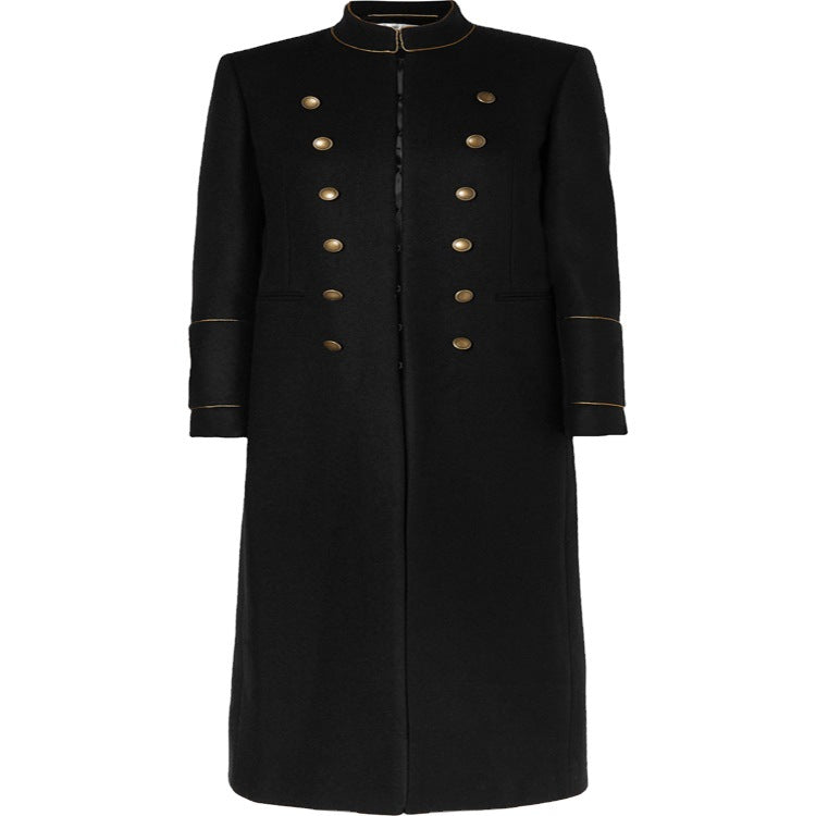 Damen Langer Militärischer Wollmantel mit goldenen Zierknöpfen und Stehkragen Nord Taschen