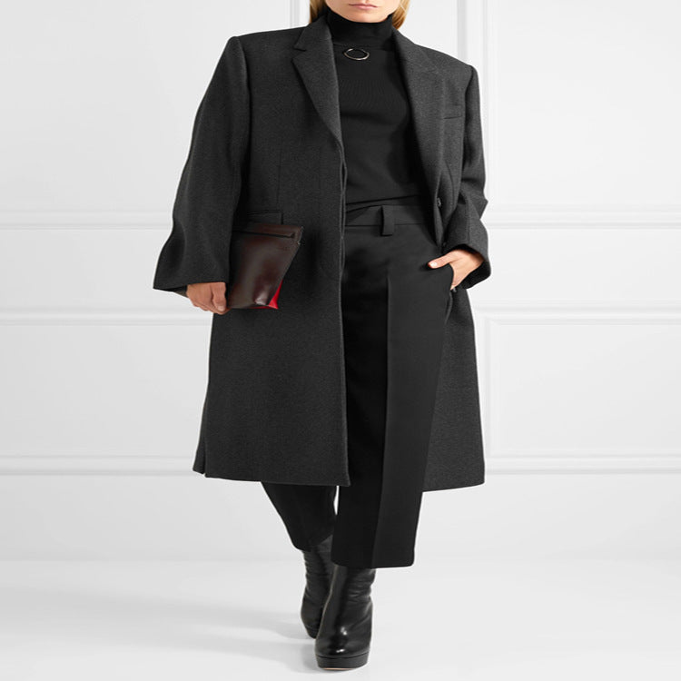 Damen Oversize Einreihiger Maxilanger Wollmix-Longcoat mit relaxter Schulter und Pattentaschen Nord Taschen
