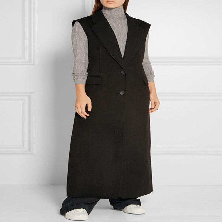 Damen Maxilange Ärmellose Tailoring-Weste aus Wollmix mit Pattentaschen Nord Taschen