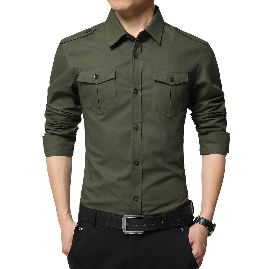 Herren Slim-Fit Baumwoll-Mix Utility-Hemd mit Schulterklappen und Brustpattentaschen Nord Taschen