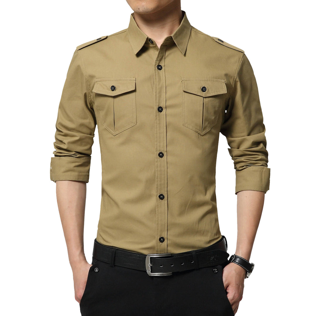 Herren Slim-Fit Baumwoll-Mix Utility-Hemd mit Schulterklappen und Brustpattentaschen Nord Taschen
