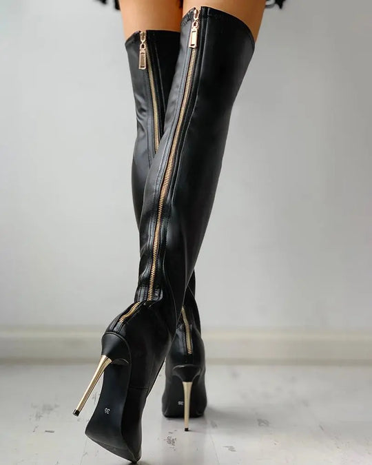 Overknee Stiefel mit Goldenem Absatz und Reißverschlussdetail