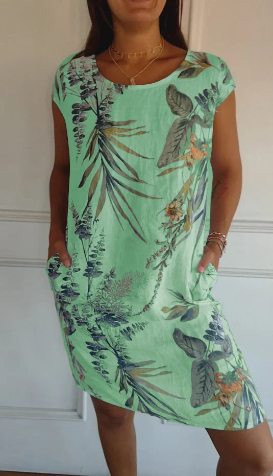 Damen Bedrucktes Baumwoll- und Leinenkleid