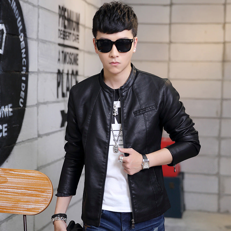 Herren Slim-Fit Kunstlederjacke im Bikerstil mit Stehkragen und Reißverschluss Nord Taschen