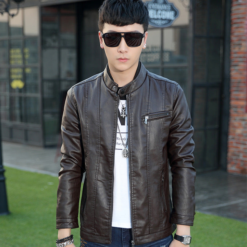 Herren Moderner Slim-Fit Lederoptik-Blouson mit Stehkragen und Brust-Reißverschlusstasche Nord Taschen