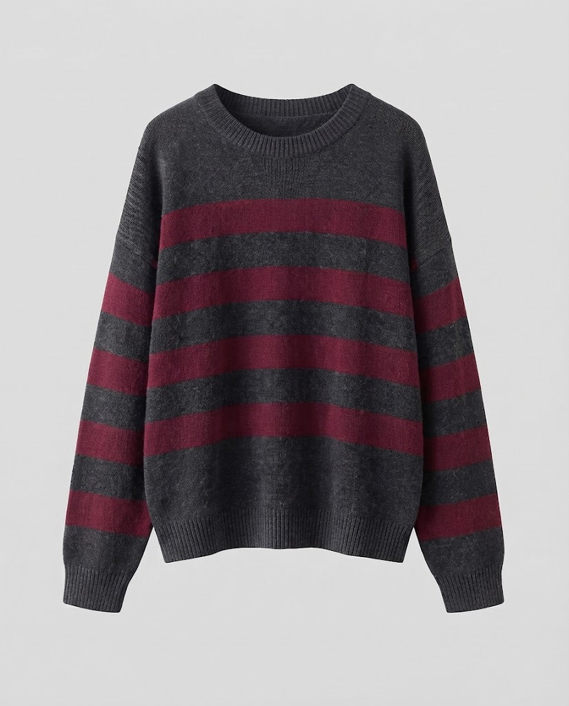 Damen Gestreifter Feinstrickpullover mit Rundhals, überschnittener Schulter und lockerer Silhouette Nord Taschen