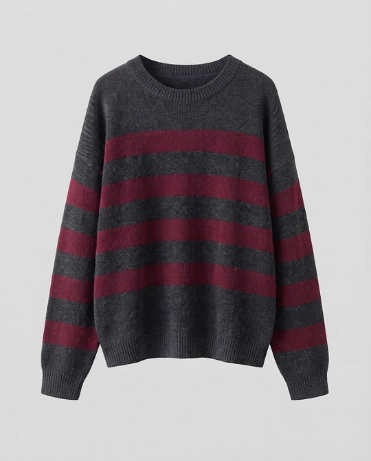 Damen Gestreifter Feinstrickpullover mit Rundhals, überschnittener Schulter und lockerer Silhouette Nord Taschen