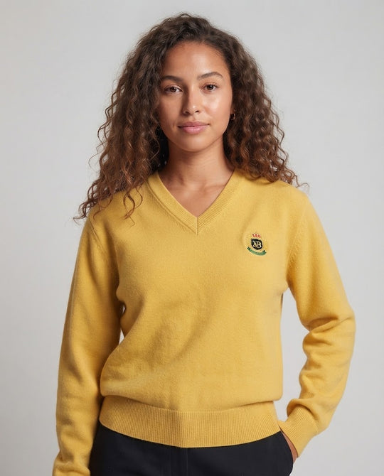 Damen V‑Ausschnitt Feinstrickpullover mit Emblem und tailliertem Rippbündchen Nord Taschen