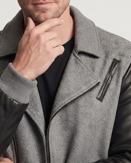 Herren Kurze Woll-Lederjacke im Biker-Mix mit Kontrastärmeln Nord Taschen