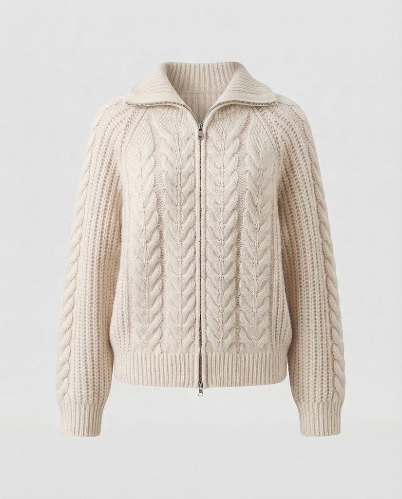 Damen Boxy-Zopfstrickjacke mit kurzem Schnitt, Frontreißverschluss und breitem Stehkragen Nord Taschen