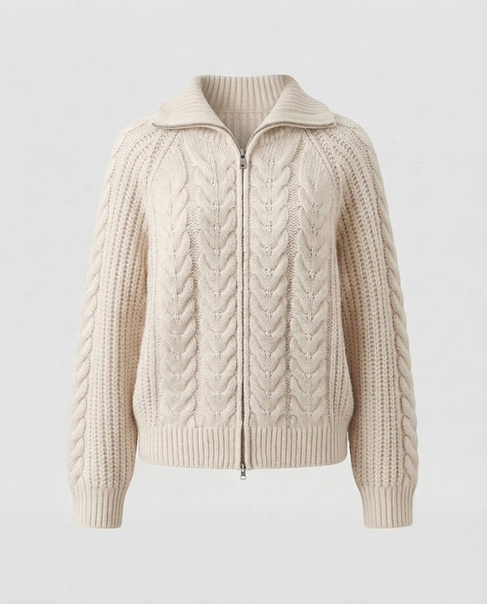Damen Boxy-Zopfstrickjacke mit kurzem Schnitt, Frontreißverschluss und breitem Stehkragen Nord Taschen