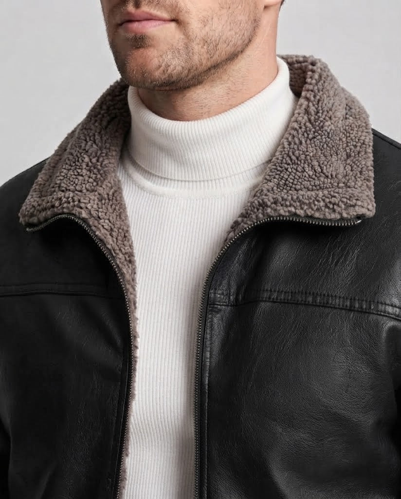 Herren Jacke aus synthetischem Leder mit vollem Teddy-Fleece-Futter und hohem Stehkragen Nord Taschen