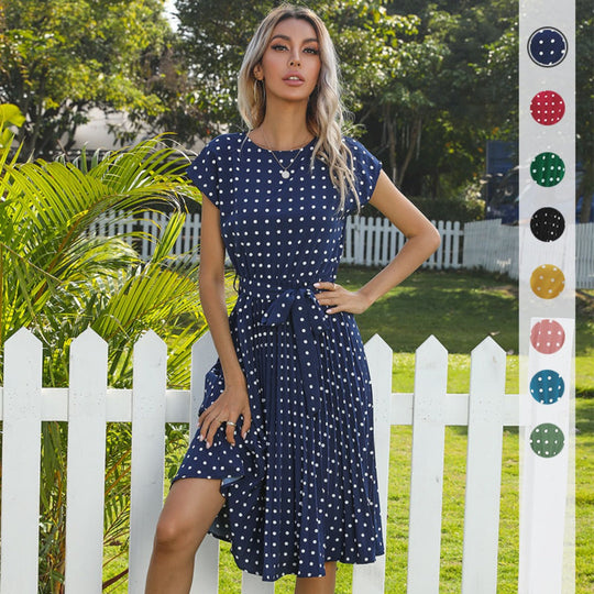 Kurzärmeliges Polka Dot Plissee-Kleid