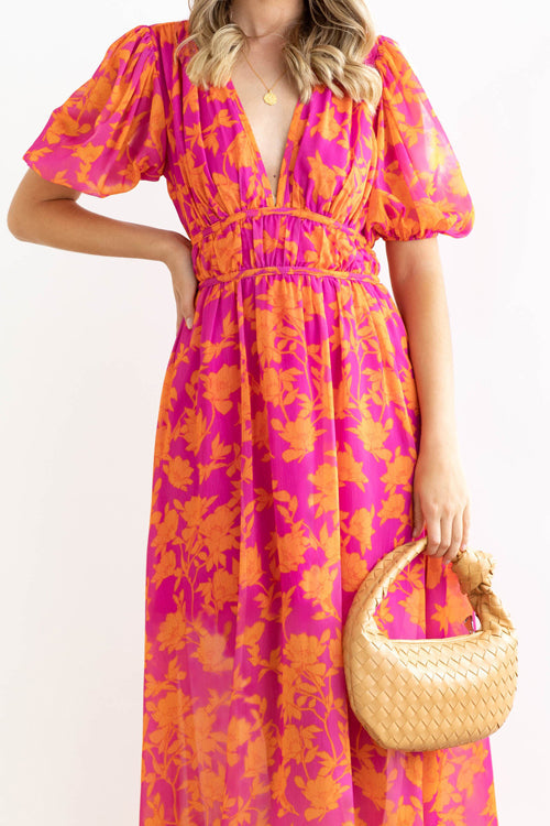 Real Love Print Puffärmel Maxi Kleid
