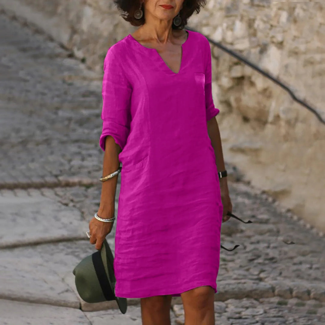 Rona Leinen Shiftkleid mit V-Ausschnitt und Taschen