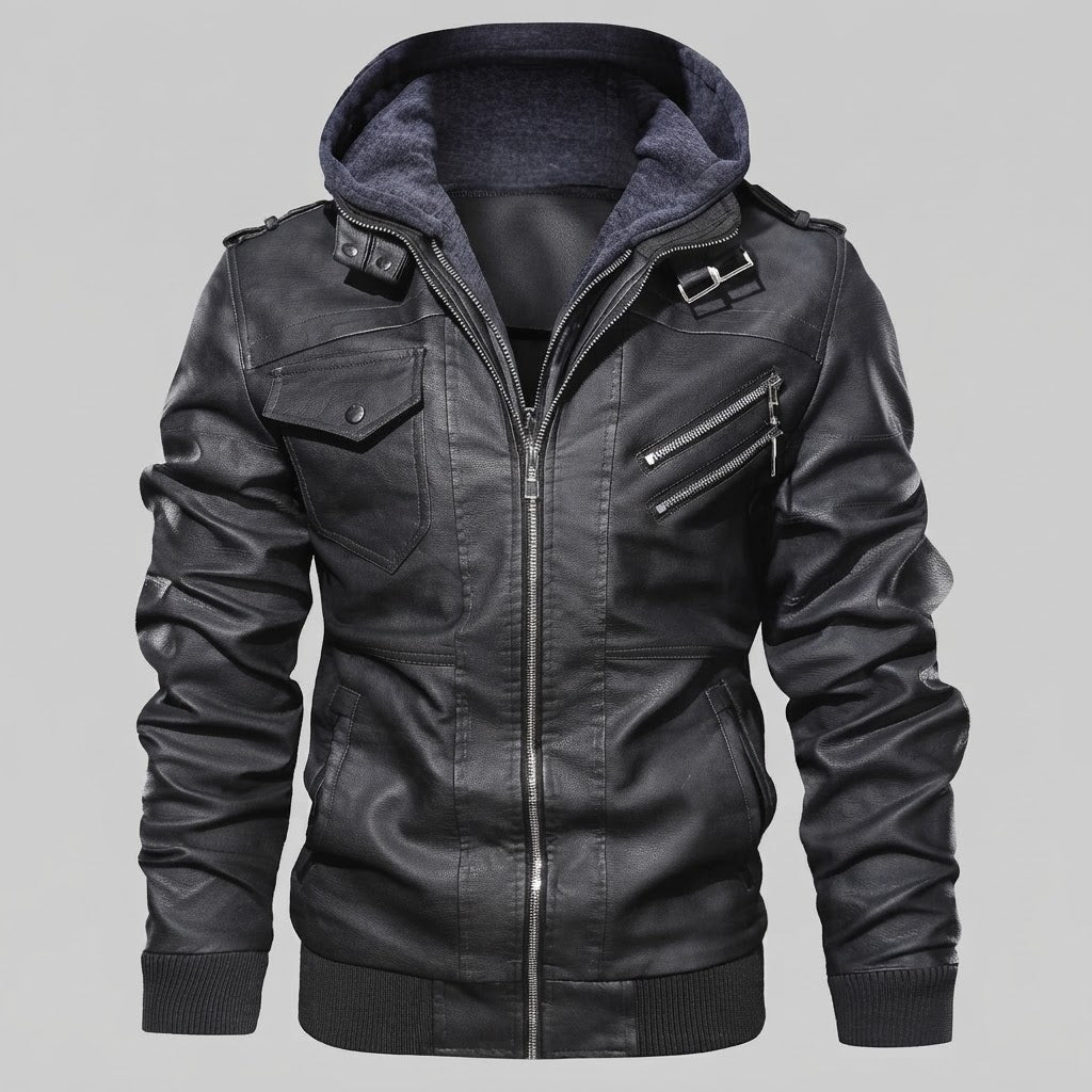 Herren lässige Kunstlederjacke mit Kapuze Nord Taschen