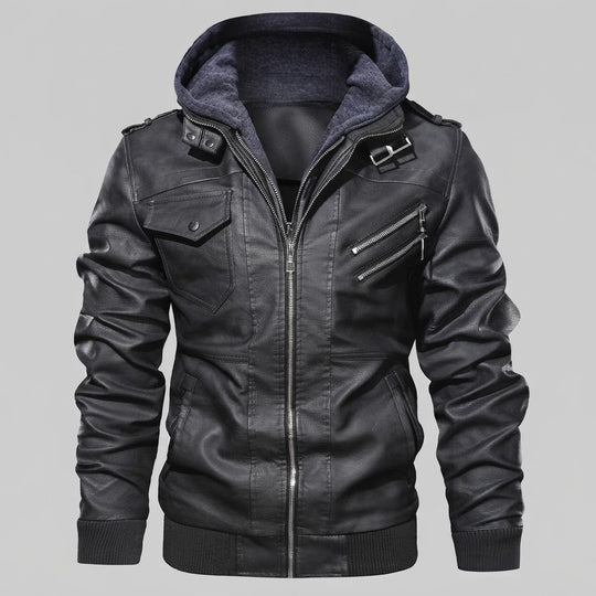 Herren lässige Kunstlederjacke mit Kapuze Nord Taschen