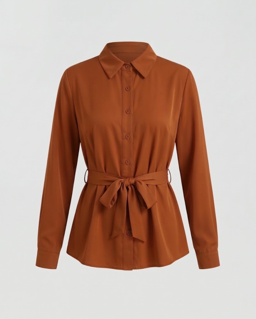 Damen Taillierte Hemdbluse mit Schößchen, Bindegürtel und Knopfleiste Nord Taschen