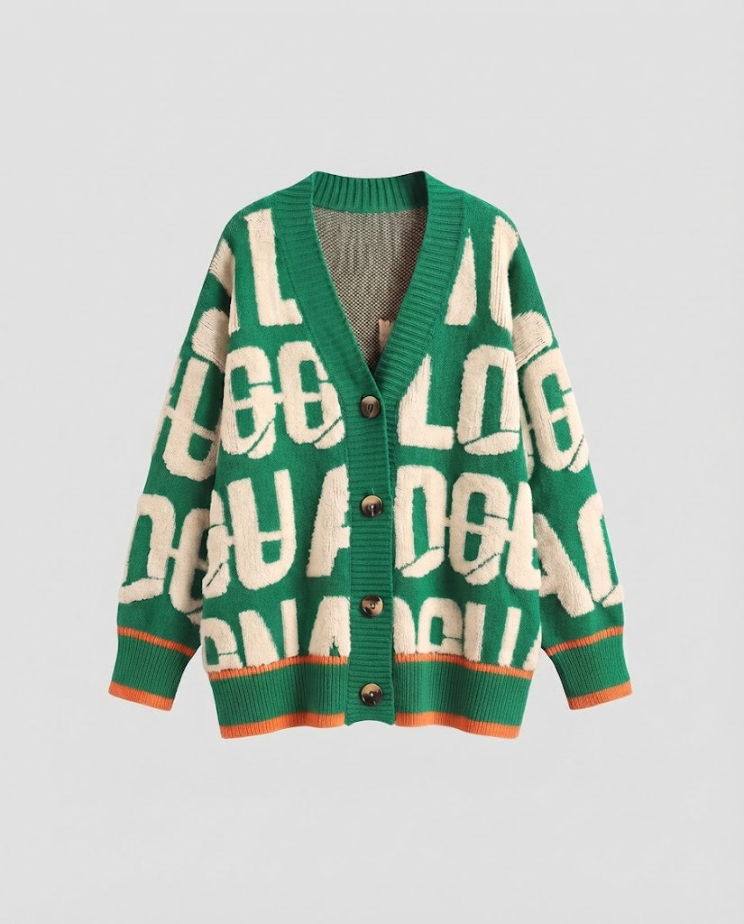Damen Grobstrick-Cardigan im Lettering-Jacquard mit übergroßer Passform und V-Ausschnitt Nord Taschen