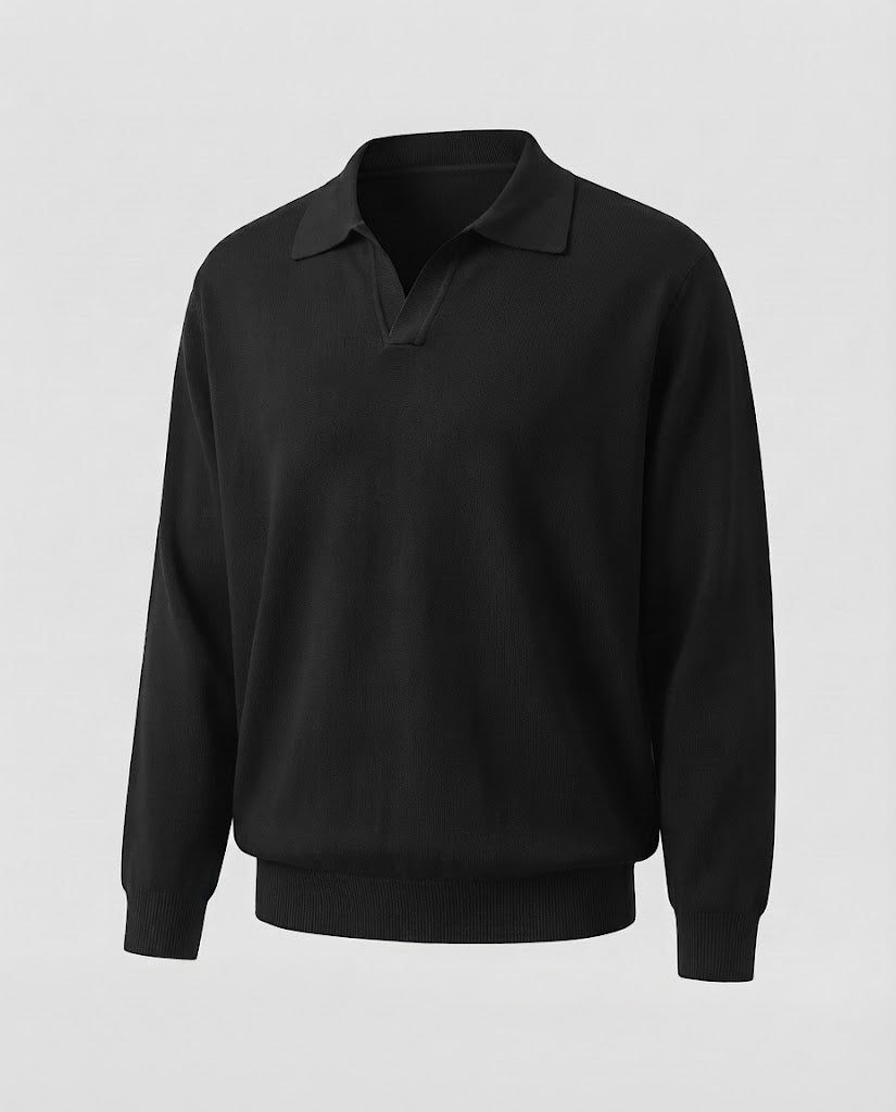 Herren Feines Struktur-Strick-Poloshirt mit offenem V-Kragen und gerippten Bündchen Nord Taschen