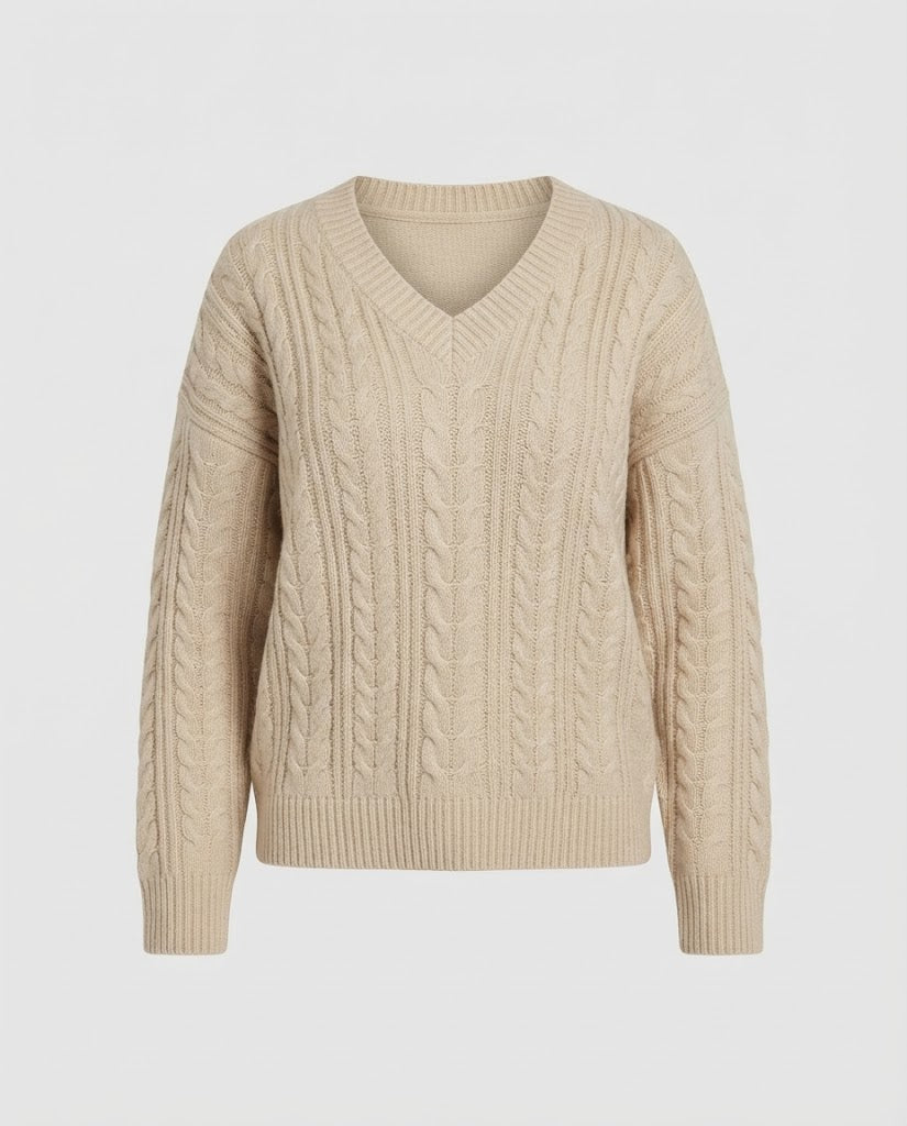 Damen Oversize Zopfmuster V‑Ausschnitt Strickpullover mit verlängerten Ärmeln Nord Taschen