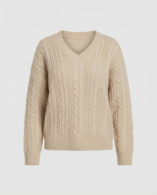 Damen Oversize Zopfmuster V‑Ausschnitt Strickpullover mit verlängerten Ärmeln Nord Taschen