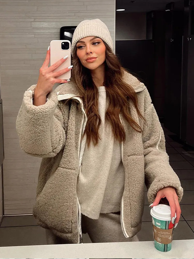 Teddyjacke Übergröße Passform Weiches Fleece Hochkragen Reißverschluss Closure