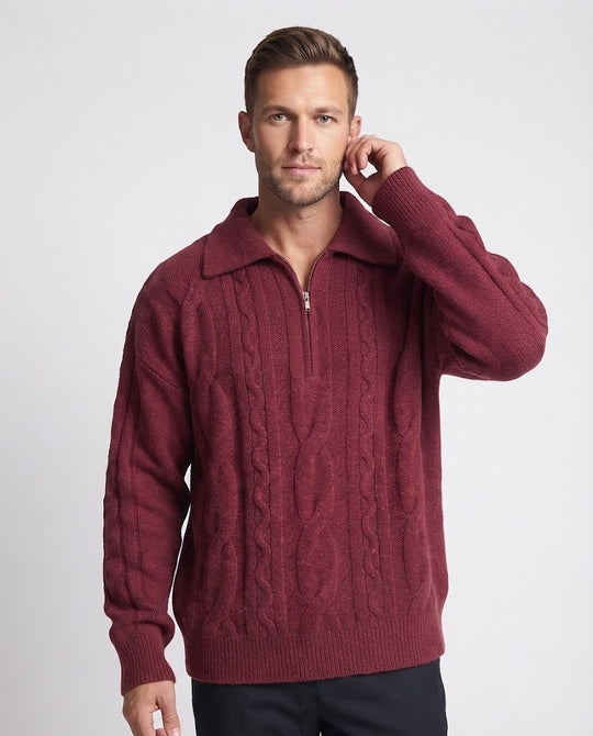 Herren Oversized Strickpullover mit halbem Reißverschluss und Zopfmuster Nord Taschen