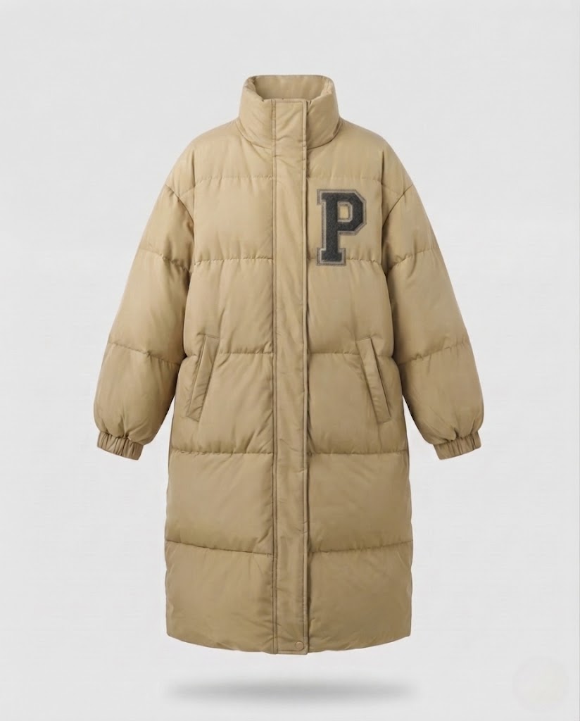 Damen längerer boxy Thermo-Puffer mit hohem Stehkragen, College-Patch und geräuschreduzierender Außenschale