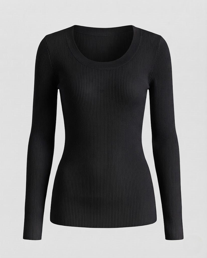 Damen Feiner Rippstrick-Longsleeve mit breitem Rundhalsausschnitt und taillierter Silhouette Nord Taschen