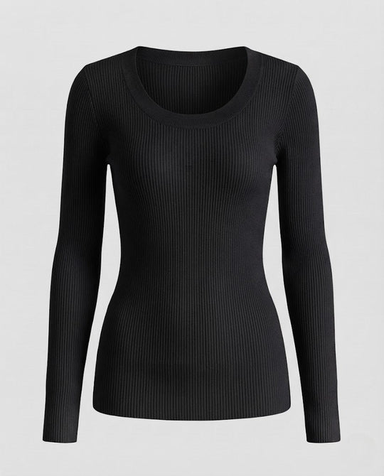 Damen Feiner Rippstrick-Longsleeve mit breitem Rundhalsausschnitt und taillierter Silhouette Nord Taschen