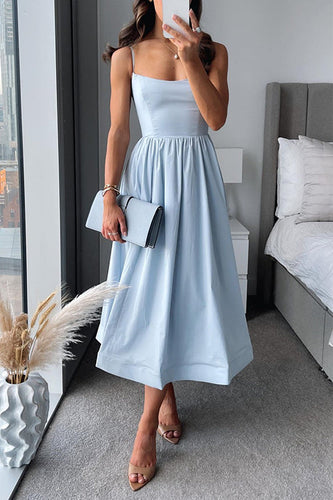 Midi Kleid Spaghettiträger Quadratischer Ausschnitt Ausgestellter Rock Elegante Passform
