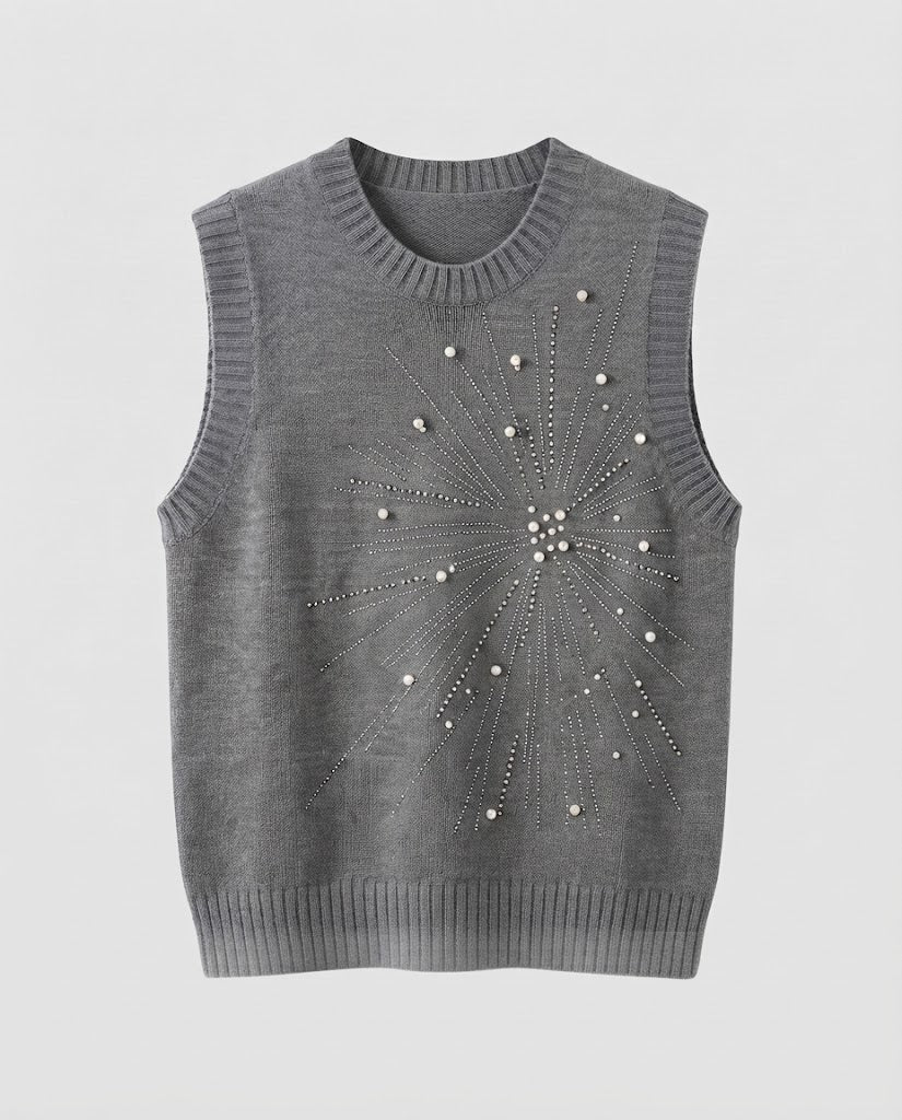 Damen Ärmellose Feinstrickweste mit Perlen- und Strass-Sonnenmotiv Nord Taschen