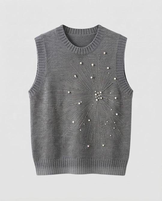 Damen Ärmellose Feinstrickweste mit Perlen- und Strass-Sonnenmotiv Nord Taschen