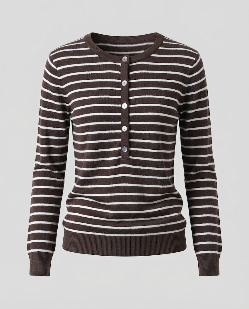 Damen Gestreifter Henley-Feinstrickpullover mit Knopfleiste Nord Taschen