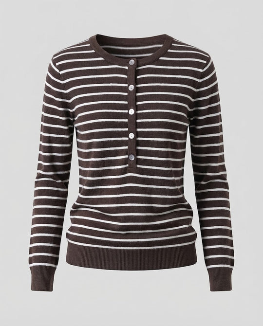 Damen Gestreifter Henley-Feinstrickpullover mit Knopfleiste Nord Taschen