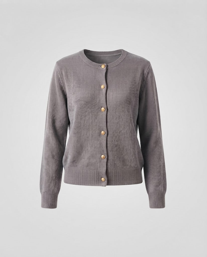 Damen Boxy-Knopfcardigan aus feinem Strick mit goldschimmernden Schmuckknöpfen und gerippten Abschlüssen Nord Taschen
