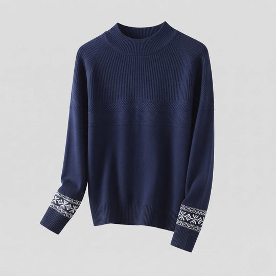 Damen Feinstrick-Pullover mit kurzem Stehkragen, strukturierter Passe und Norweger-Motiv am Ärmelsaum Nord Taschen