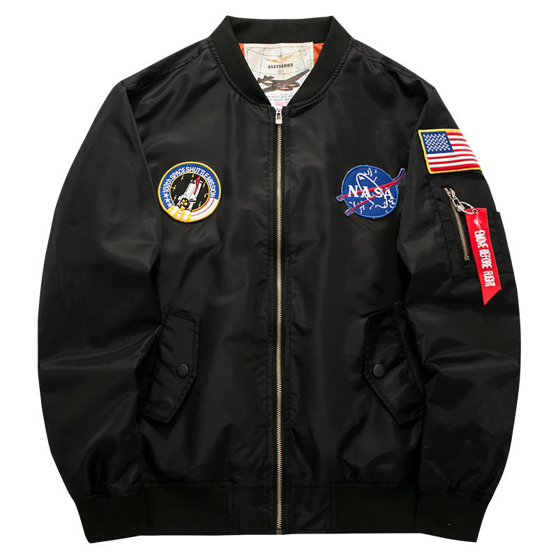 Men's  pilot-style nylon flight bomber jacket with embroidered aerospace patches and sleeve zip utility pocket Nord Taschen