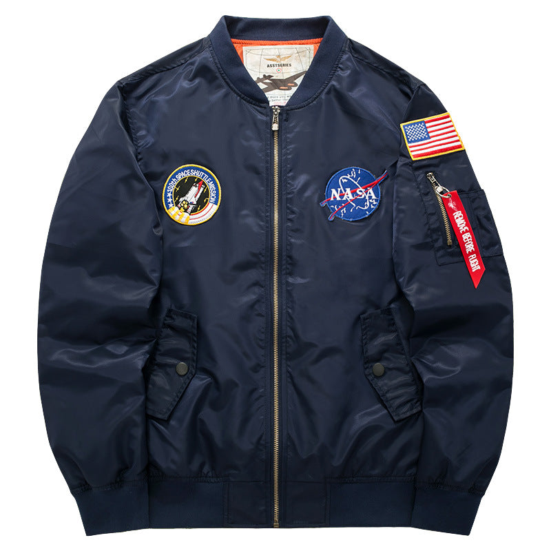 Men's  pilot-style nylon flight bomber jacket with embroidered aerospace patches and sleeve zip utility pocket Nord Taschen