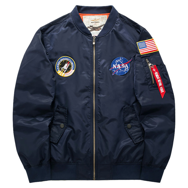 Men's  pilot-style nylon flight bomber jacket with embroidered aerospace patches and sleeve zip utility pocket Nord Taschen