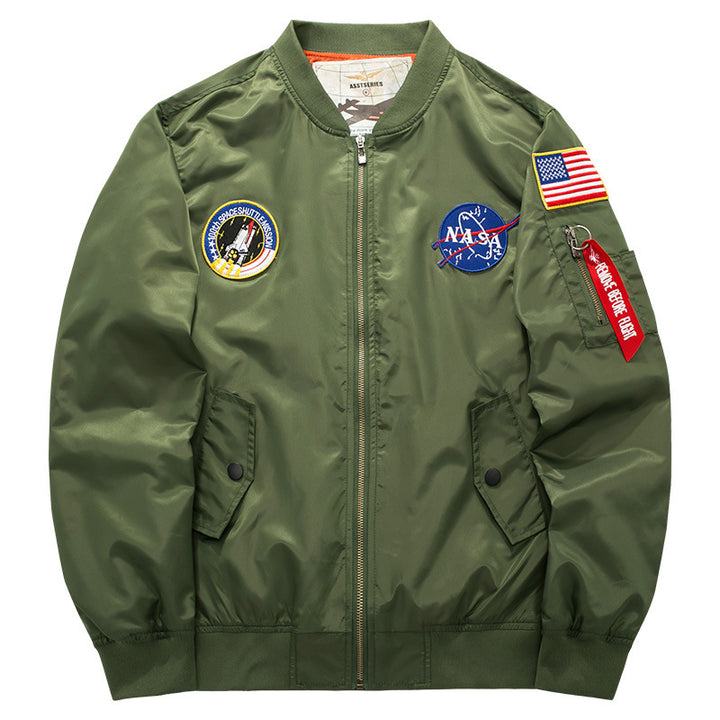 Men's  pilot-style nylon flight bomber jacket with embroidered aerospace patches and sleeve zip utility pocket Nord Taschen