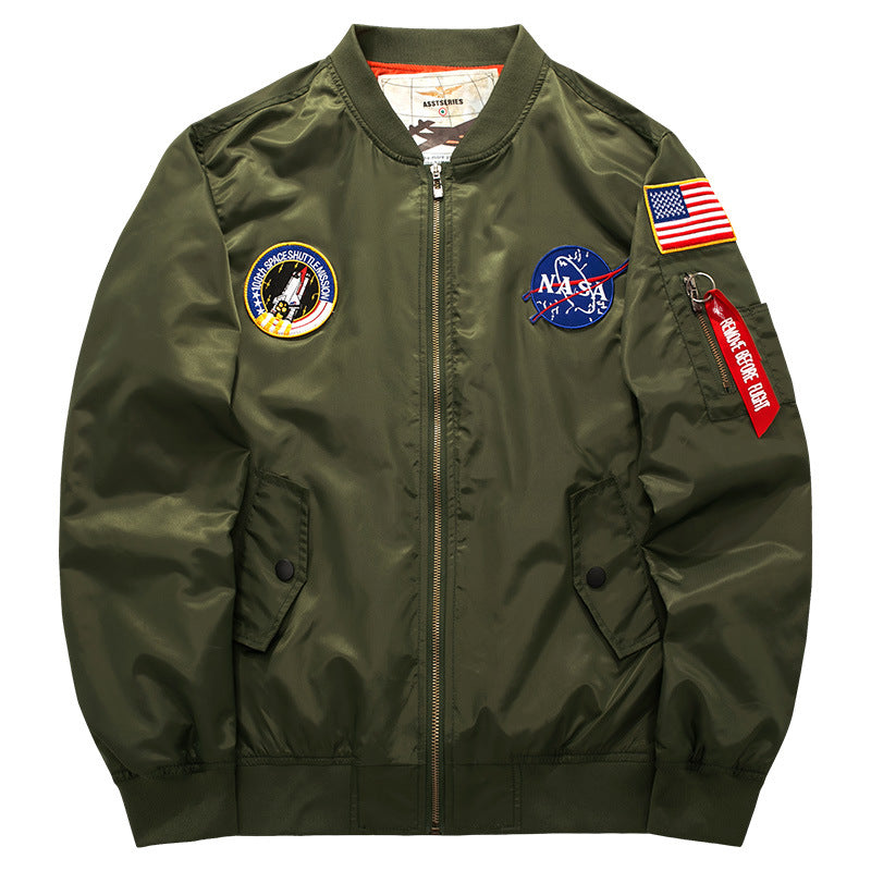 Men's  pilot-style nylon flight bomber jacket with embroidered aerospace patches and sleeve zip utility pocket Nord Taschen