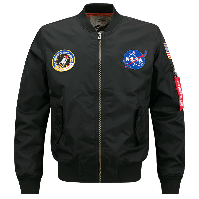 Men's  slim-fit flight bomber with embroidered mission patches angled snap-flap pockets and zip sleeve utility pocket Nord Taschen