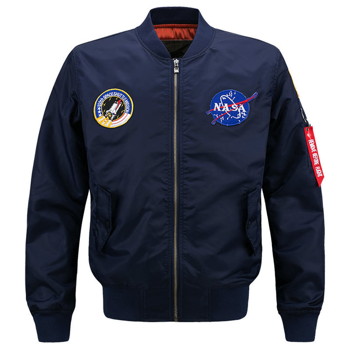 Men's  slim-fit flight bomber with embroidered mission patches angled snap-flap pockets and zip sleeve utility pocket Nord Taschen